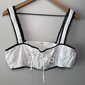 Free People White Cotton Crochet Lace Trim Smocked Crop Top Size Large NWOT